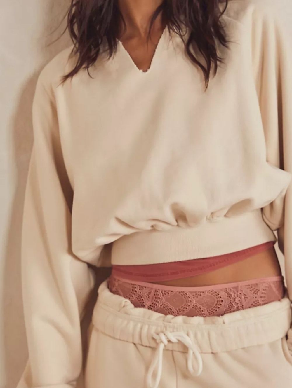 FP Beach Free People Pullover Crop Sweatshirt Cream Boho Beachy Top Small